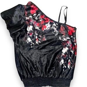 One-Shoulder Black Floral Satin Top